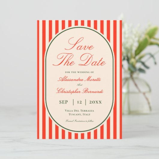 Elegant Sunset Orange Stripe Italian Wedding Save The Date (Staand voorkant)