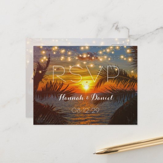 Elegant Sunset Palm Beach Summer Weddenschap RSVP Briefkaart (Voorkant / Achterkant in situ)
