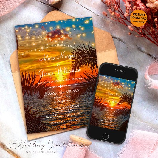 Elegant Sunset Tropical Beach Wedding Kaart
