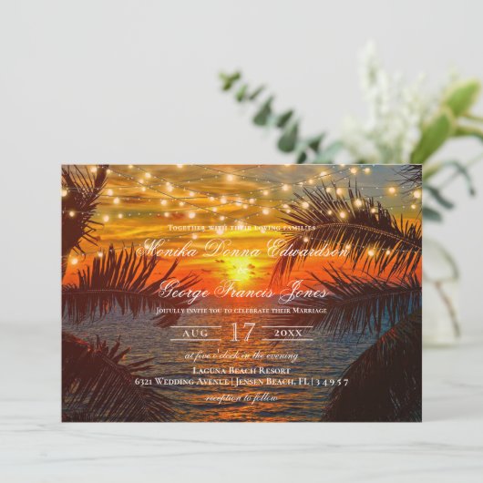 Elegant Sunset Tropical Beach Wedding Kaart (Staand voorkant)