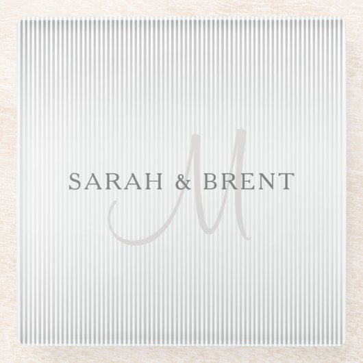 Elegant Surname Monogram & Thin Grey Stripes Glazen Onderzetter (Voorkant)