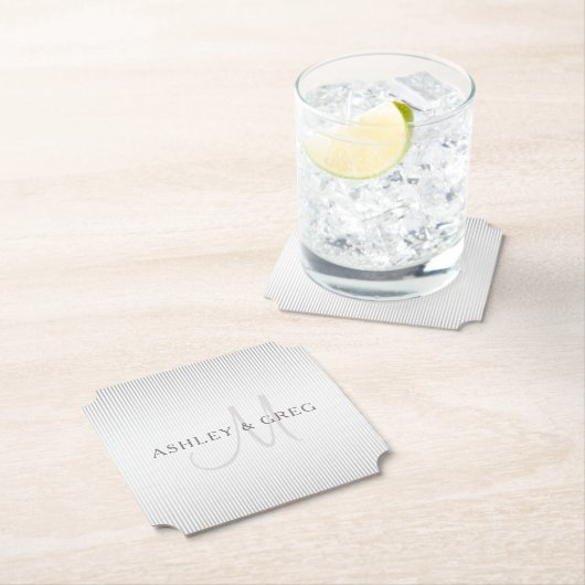 Elegant Surname Monogram & Thin Grey Stripes Kartonnen Onderzetters (Insitu)