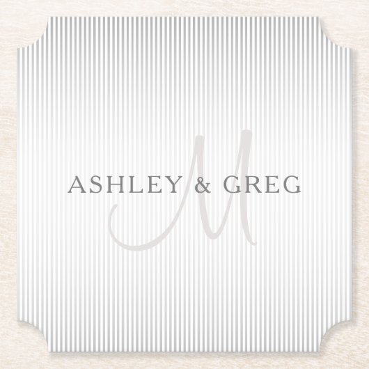 Elegant Surname Monogram & Thin Grey Stripes Kartonnen Onderzetters (Voorkant)