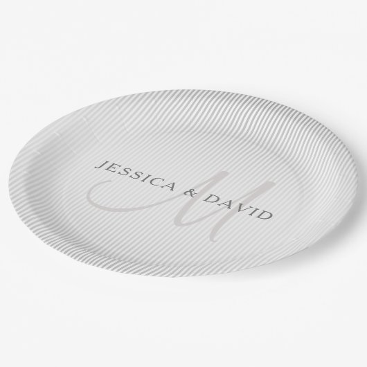Elegant Surname Monogram & Thin Grey Stripes Papieren Bordje (Gekanteld)
