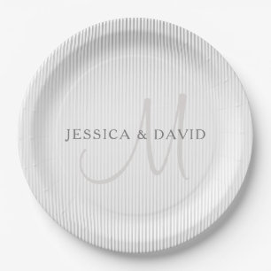 Elegant Surname Monogram & Thin Grey Stripes Papieren Bordje