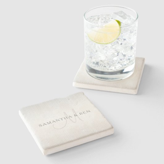 Elegant Surname Monogram & Thin Grey Stripes Stenen Onderzetter (Zijkant)