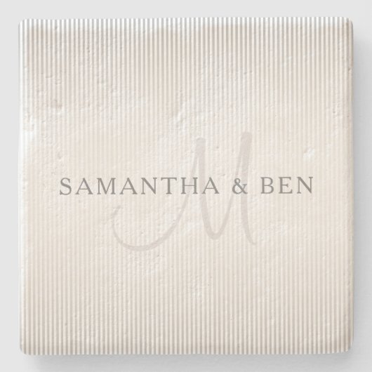 Elegant Surname Monogram & Thin Grey Stripes Stenen Onderzetter (Voorkant)