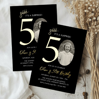 Elegant Surprise 50th Birthday Black and Gold Folie Uitnodiging