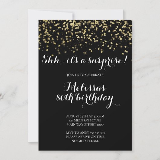 Elegant Surprise Birthday Party Glitter Confetti Kaart (Voorkant)