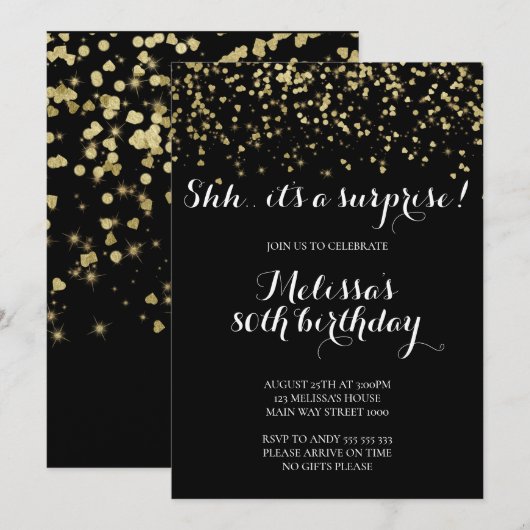 Elegant Surprise Birthday Party Glitter Confetti Kaart (Voorkant / Achterkant)