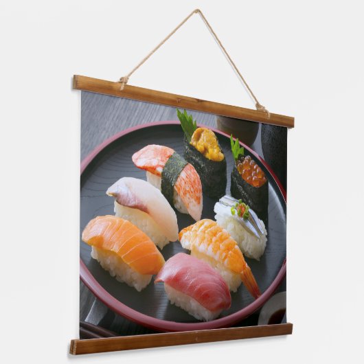 Elegant Sushi Assortment Tapestry – Japan’s Finest Hangend Wandkleed (Gebogen)