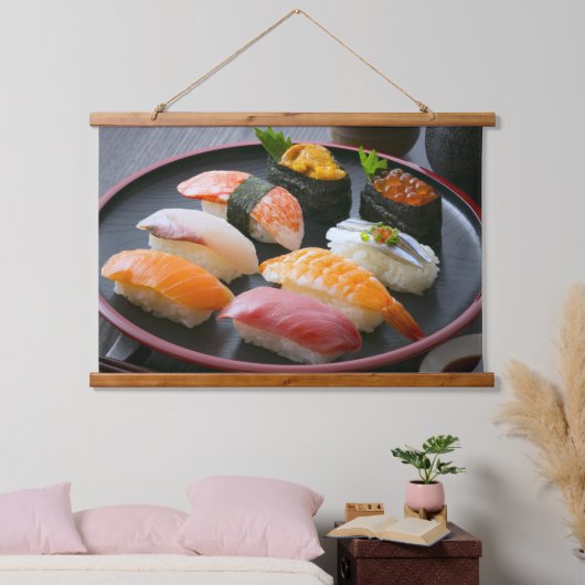 Elegant Sushi Assortment Tapestry – Japan’s Finest Hangend Wandkleed (Slaapkamer)