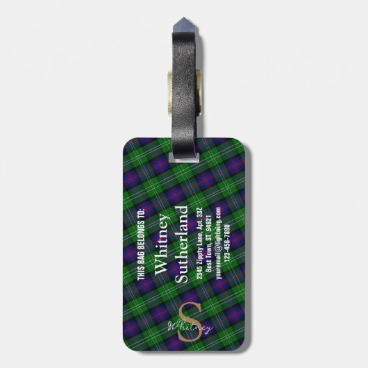 Elegant Sutherland Clan Gold Monogram Script Name Bagagelabel (Achterkant verticaal)