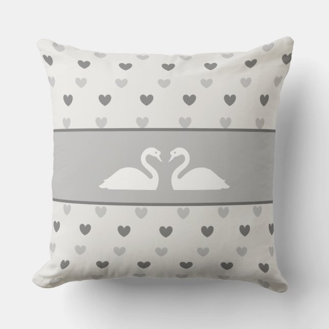 Elegant Swan Couple en Silver Gray Heart Pattern Kussen (Voorkant)