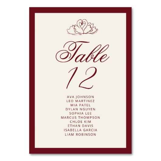 Elegant Swan Deep red Table Seating Chart cards Kaart (Voorkant)