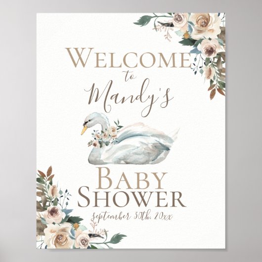 Elegant Swan Floral neutraal Baby shower Welkom Poster (Voorkant)