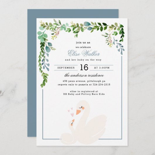 Elegant Swan Greenery Baby shower Invitation Kaart (Voorkant / Achterkant)