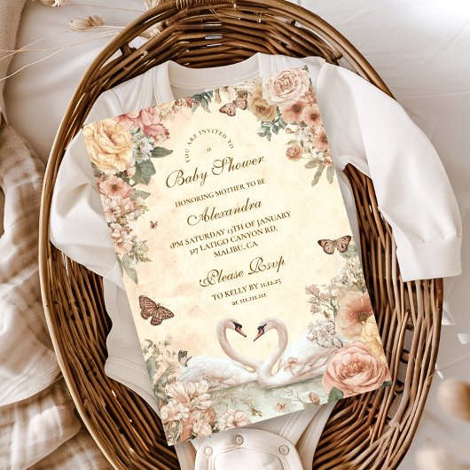 Elegant Swan Lake Floral Baby shower Kaart