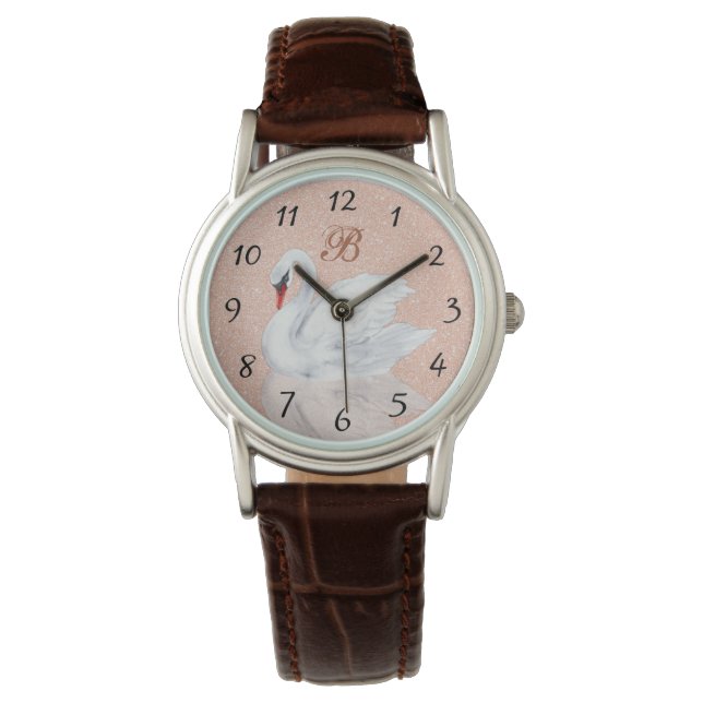 Elegant Swan | Roos Gold Glitter Monogram Horloge (Voorkant)