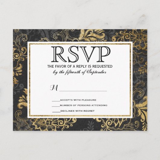 Elegant Swanky Faux Gold, Black & Grey Floral Uitnodiging Briefkaart (Voorkant)