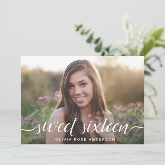 Elegant Sweet 16 2-zijdig Foto Birthday Party Kaart (Staand voorkant)