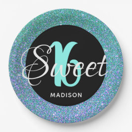 Elegant Sweet 16 Aqua Blue Glitter gepersonaliseer Papieren Bordje