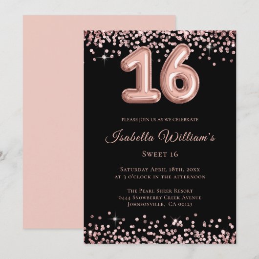 Elegant Sweet 16 Birthday Ballon Black Glitter Kaart (Voorkant / Achterkant)