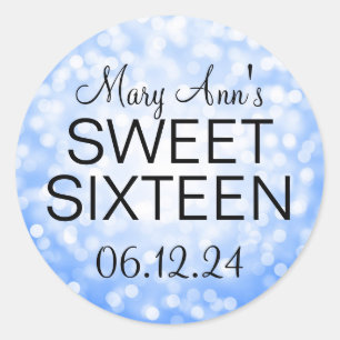 Elegant Sweet 16 Birthday Blue Glitter Lights Ronde Sticker