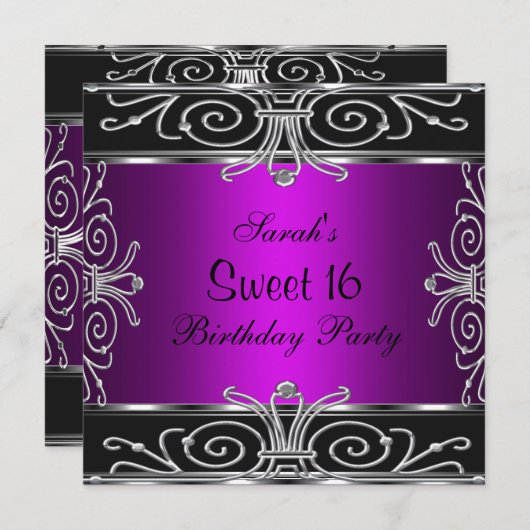 Elegant Sweet 16 Birthday Magenta Black Silver Kaart (Voorkant / Achterkant)