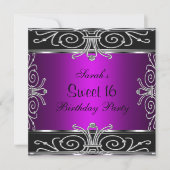 Elegant Sweet 16 Birthday Magenta Black Silver Kaart (Voorkant)