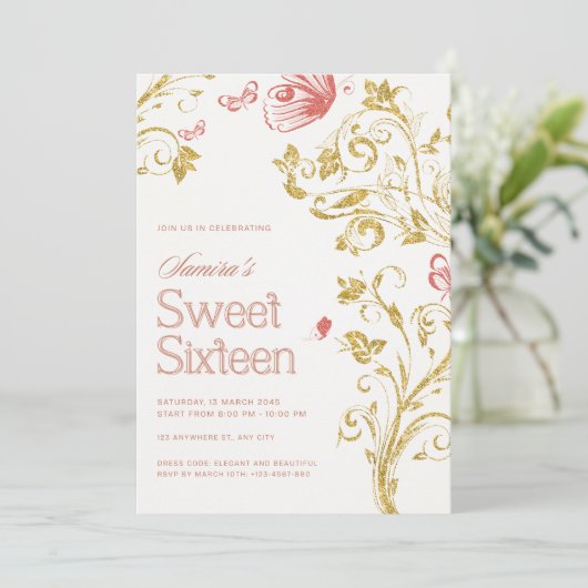 Elegant Sweet 16 Birthday Party Invitation - Peach Kaart (Staand voorkant)