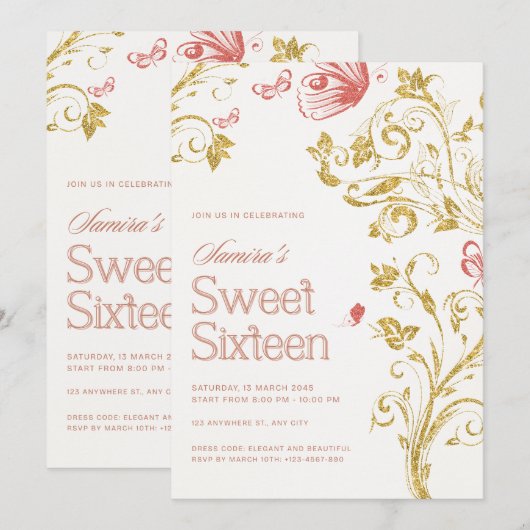 Elegant Sweet 16 Birthday Party Invitation - Peach Kaart (Voorkant / Achterkant)