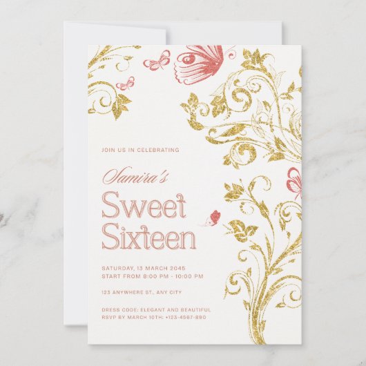 Elegant Sweet 16 Birthday Party Invitation - Peach Kaart (Voorkant)