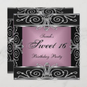 Elegant Sweet 16 Birthday Pink Black Silver Kaart (Voorkant / Achterkant)