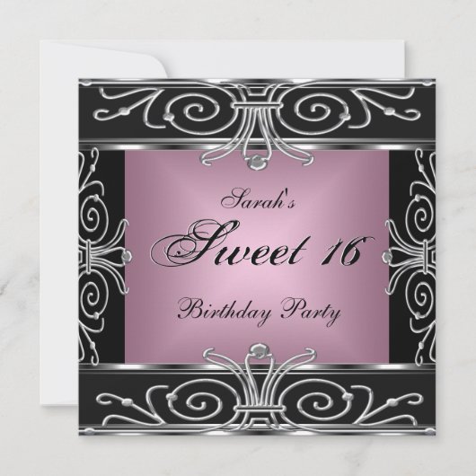Elegant Sweet 16 Birthday Pink Black Silver Kaart (Voorkant)