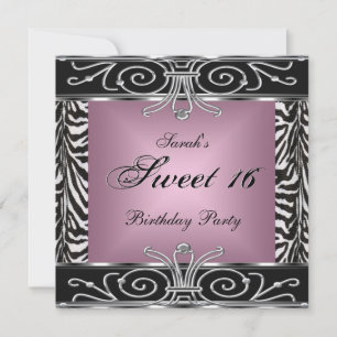 Elegant Sweet 16 Birthday Pink Zebra Black Silver Kaart