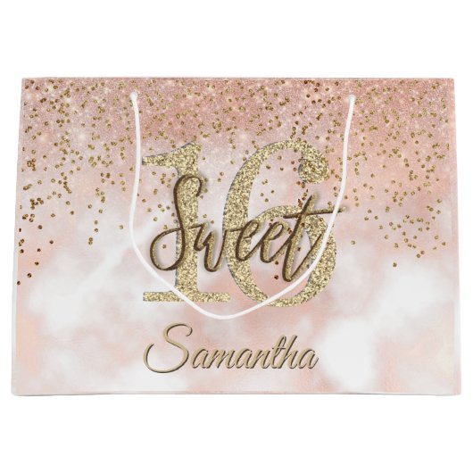 Elegant Sweet 16 Birthday Roos Gold Glitter Groot Cadeauzakje (Voorkant)