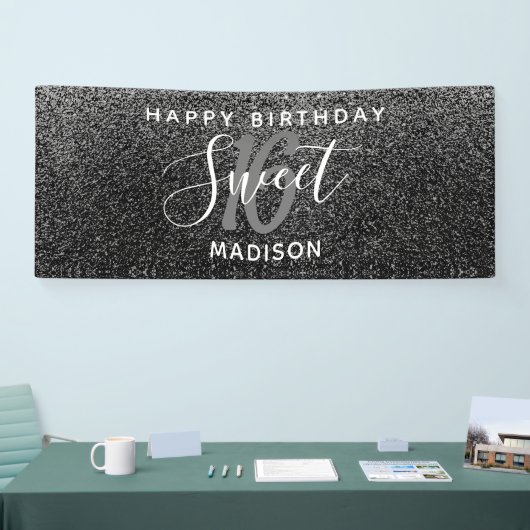Elegant Sweet 16 Black Silver Faux Glitter Name Spandoek (Beurs)
