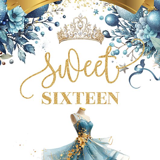Elegant Sweet 16 Blauw Goud Waterverf Glitter Wandkleed