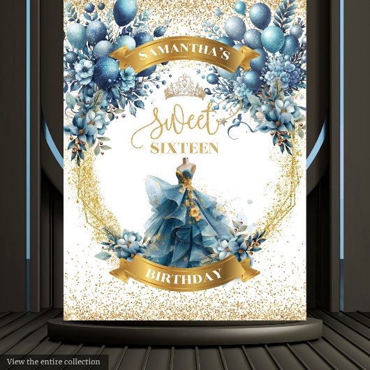 Elegant Sweet 16 Blauw Goud Waterverf Glitter Wandkleed