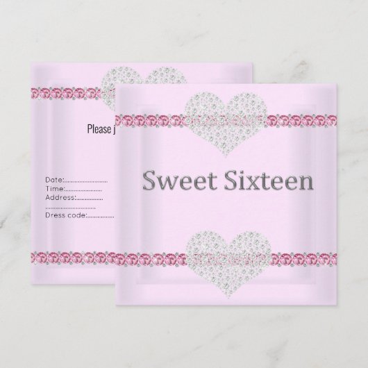 ELEGANT SWEET 16 Diamond Heart Pink Kaart (Voorkant / Achterkant)
