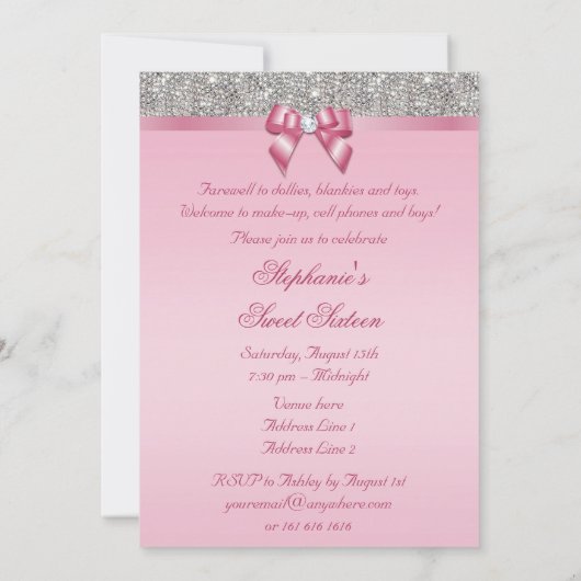 Elegant Sweet 16 Faux Silver Sequins Pink Bow Kaart (Achterkant)
