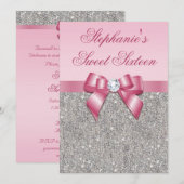 Elegant Sweet 16 Faux Silver Sequins Pink Bow Kaart (Voorkant / Achterkant)
