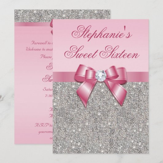 Elegant Sweet 16 Faux Silver Sequins Pink Bow Kaart (Voorkant / Achterkant)