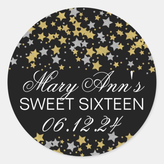 Elegant Sweet 16 Gold Silver Glitter Star Confetti Ronde Sticker (Voorkant)