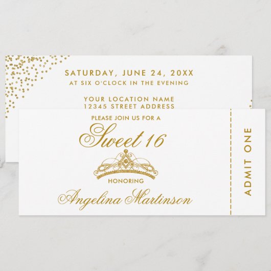 Elegant Sweet 16 goud en wit ticket Kaart (Voorkant / Achterkant)