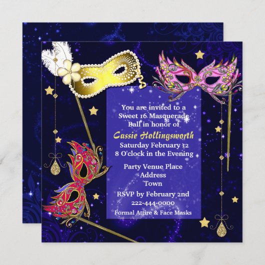Elegant Sweet 16 Masquerade Ball Invitation Kaart (Voorkant / Achterkant)