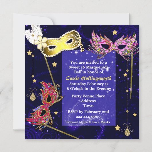 Elegant Sweet 16 Masquerade Ball Invitation Kaart (Voorkant)
