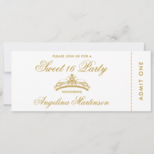 Elegant Sweet 16 Party Goud en Wit Ticket Kaart (Voorkant)