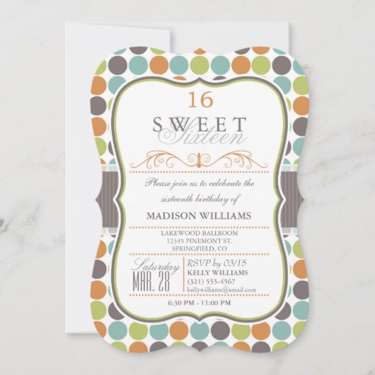 Elegant Sweet 16 Party Uitnodigen; Retro Stippen Kaart (Voorkant)